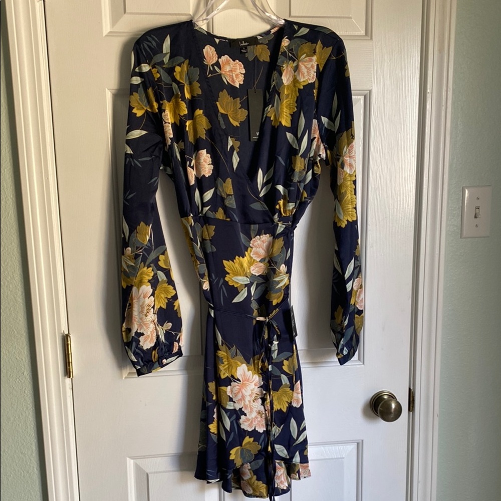 Floral silk Wrap Dress with Long Sleeves size L